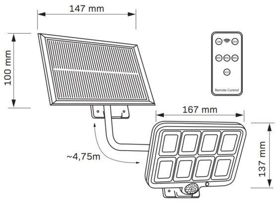 Riflettore LED solare con sensore INTEGRA LED/3W/3,7V IP44 + +TC