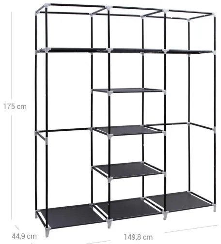 Armadio salvaspazio in tessuto MATIS 150x175 cm, nero, con ripiani e asta appendiabiti