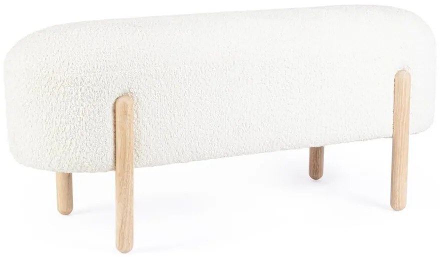 Panca DAYLA in tessuto effetto bouclé bianco e gambe in legno rubberwood