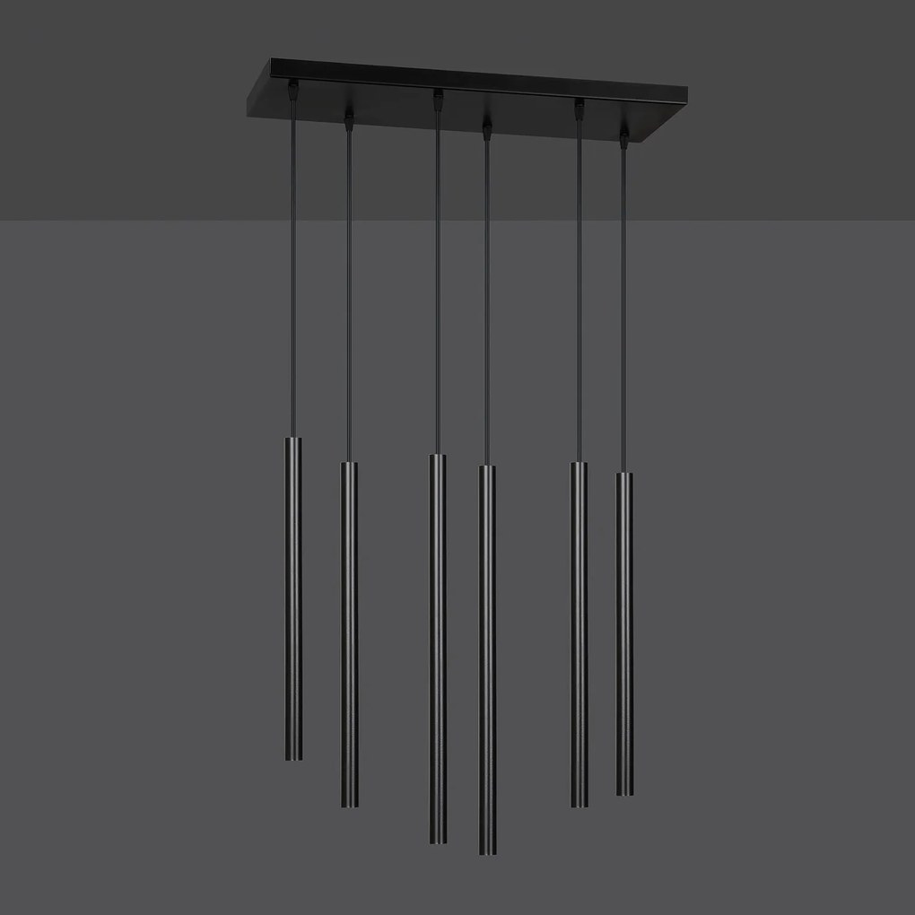 Lampadario 6 Luci Moderno Shu Acciaio Nero E Paralumi A Cilindri Sottili