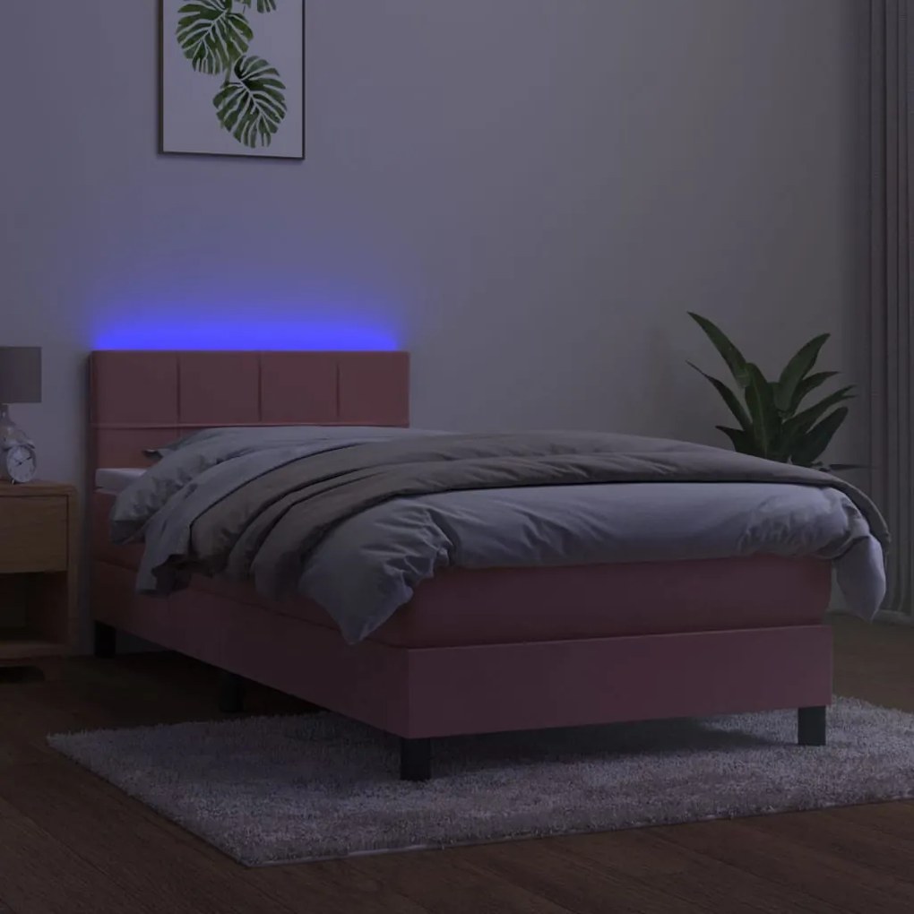 Letto a Molle con Materasso e LED Rosa 90x190 cm in Velluto