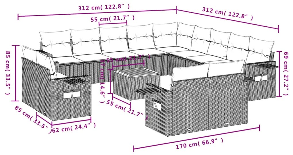 Set divani da giardino 14pz con cuscini in polyrattan nero