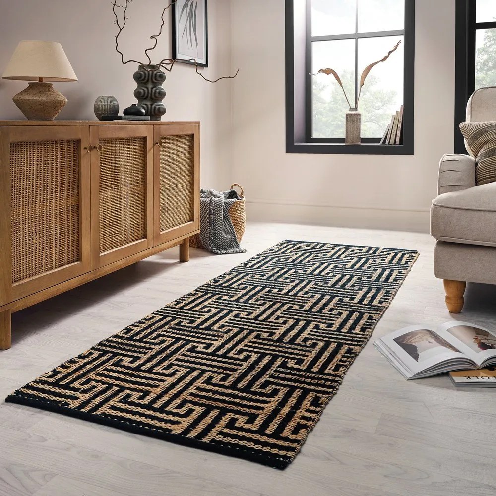 Passatoia nera/di colore naturale in misto iuta tessuta a mano 80x230 cm Meander Jute – Flair Rugs
