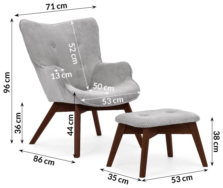 Poltrona con poggiapiedi grigia con rivestimento in velluto a coste Niko – Ropez