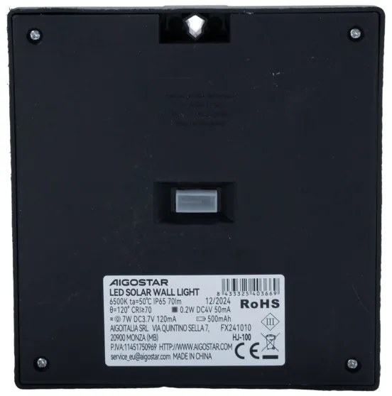 Aigostar - Lampada solare a LED con sensore 3,7V 6500K 500 mAh IP65 nera