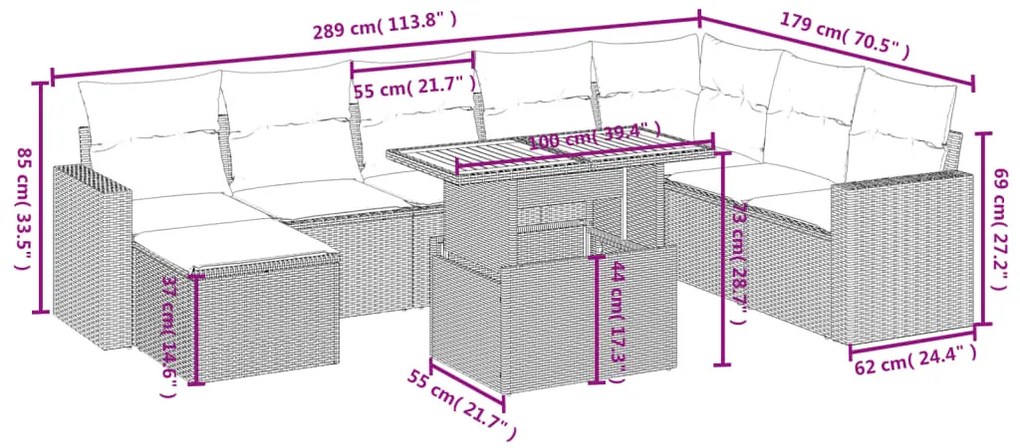 Set divani da giardino 9 pz con cuscini nero in polyrattan