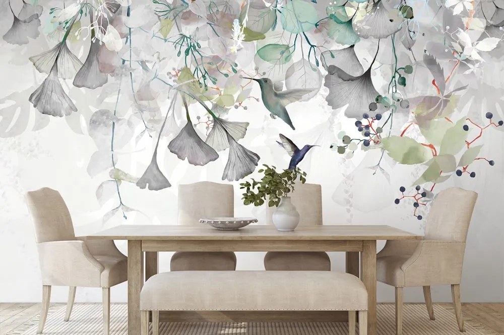 Carta da parati – Foglie con Colibrì in Verde-Grigio