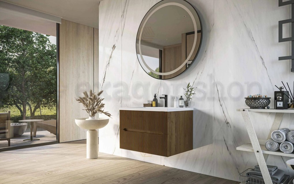 Mobile bagno noce 70x46 cannettato Urbino due cassetti con lavabo in ceramica frontale