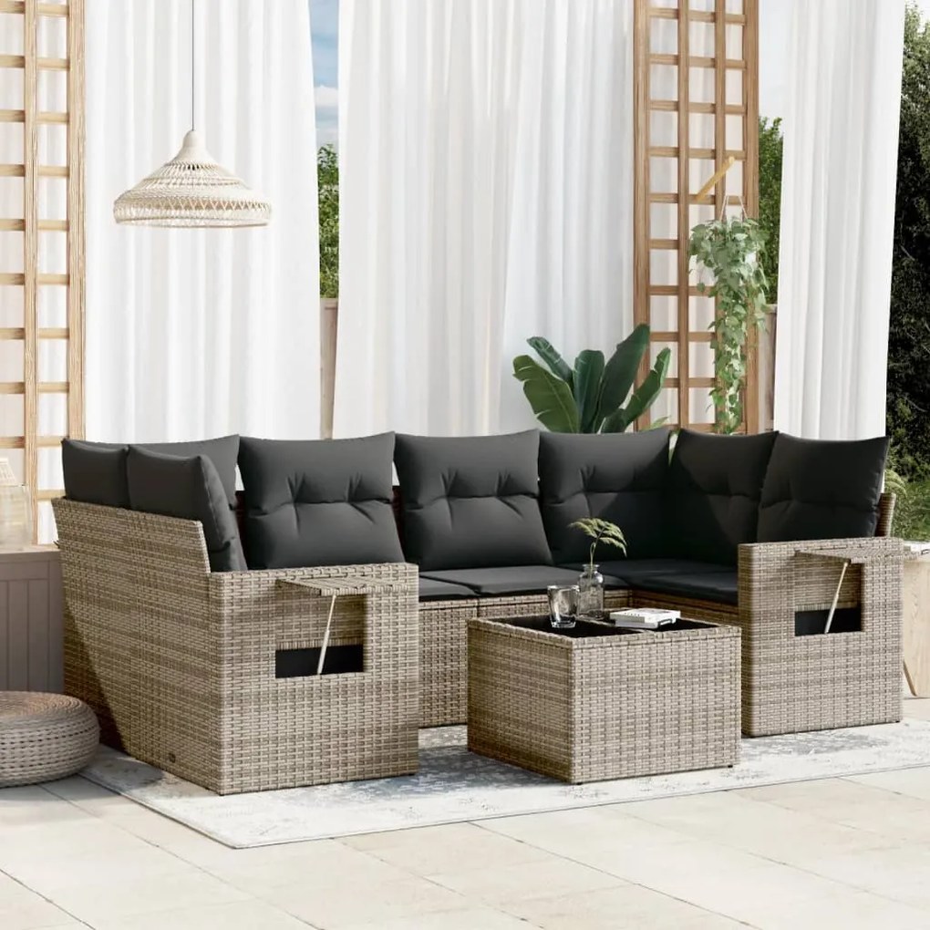 Set Divani da Giardino 7 pz con Cuscini Grigio in Polyrattan