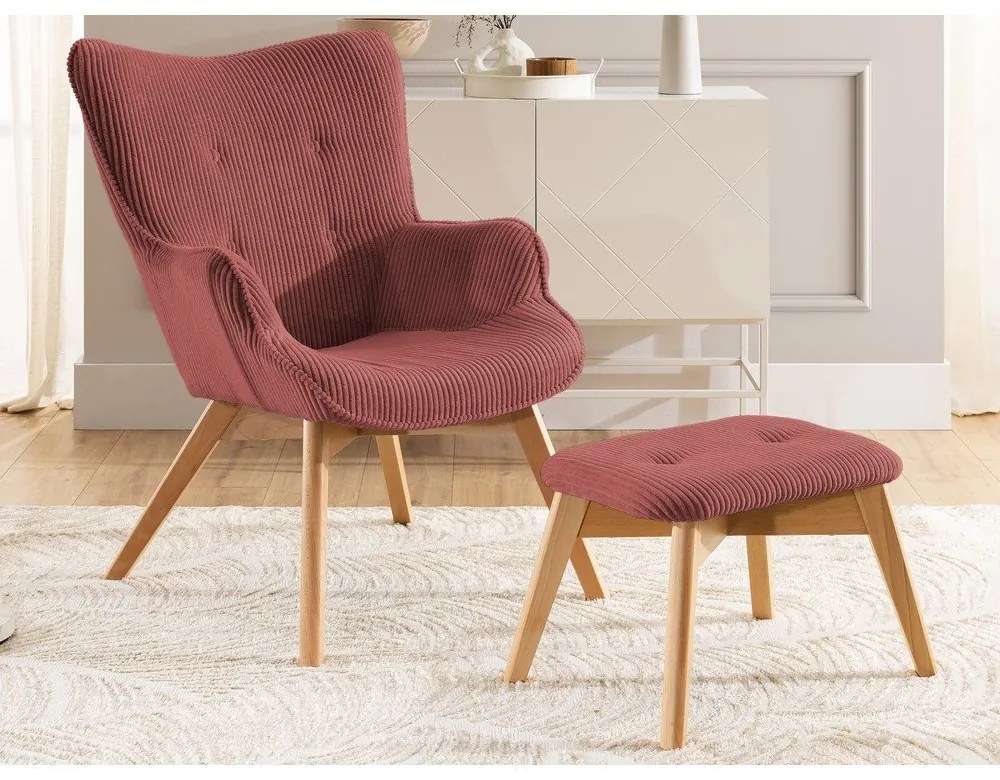 Poltrona con poggiapiedi rossa con rivestimento in velluto a coste Niko – Ropez