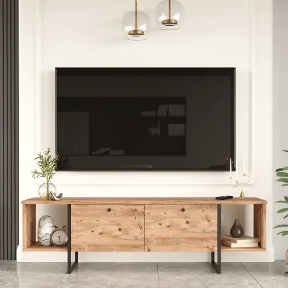 Mobile TV Da Terra 160 Cm Stile Industrial Con Ante A Ribalta Icaro Rovere