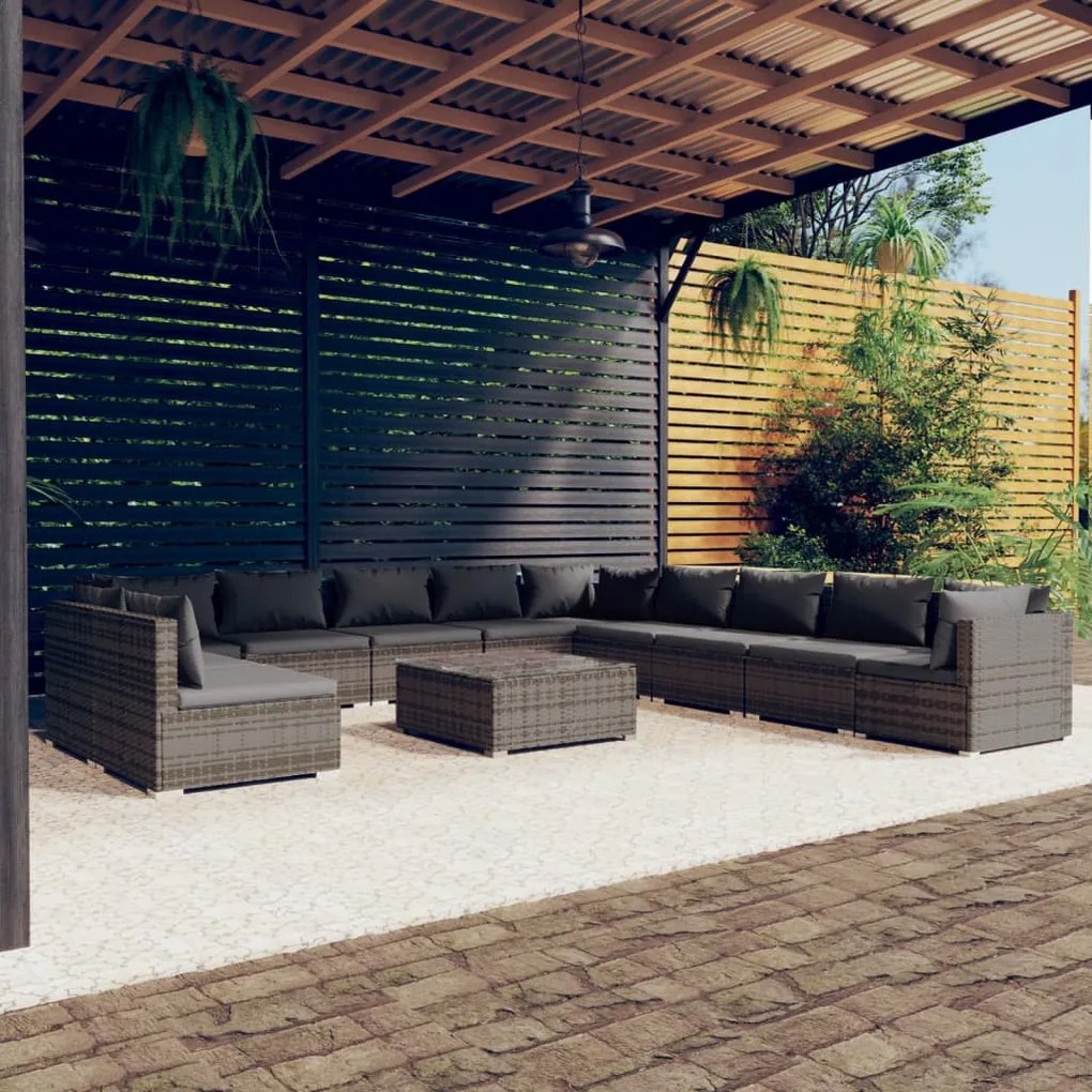 Set Divani da Giardino 12 pz con Cuscini in Polyrattan Grigio