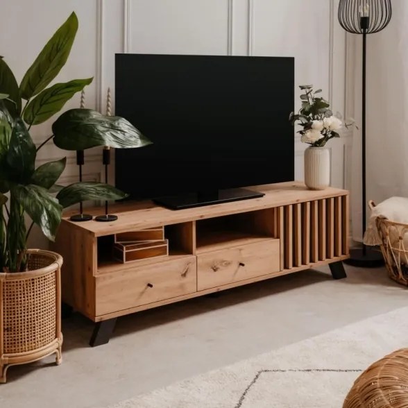 Mobile Porta TV 2 Cassetti E Anta Con Vani A Giorno Rovere Antracite Medan56A