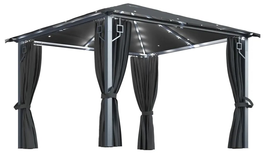 Gazebo con Tende e Luci LED 300x300 cm Antracite in Alluminio