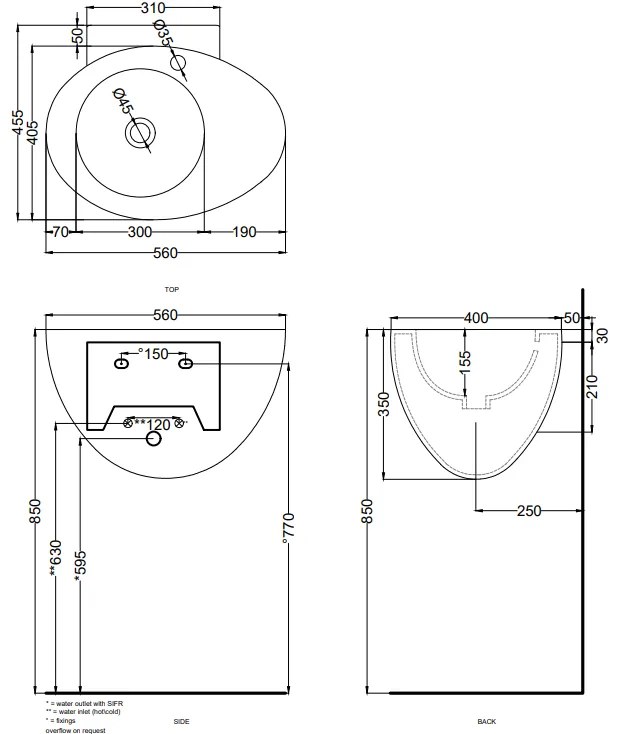 Cielo Le Giare lavabo sospeso 56x45 senza troppopieno in ceramica bianco lucido