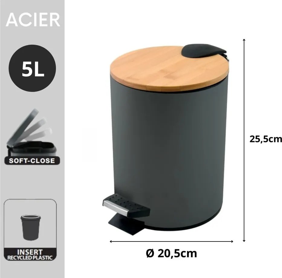 Cestino per la spazzatura grigio scuro in acciaio con pedale 5 l Adonis – Spirella