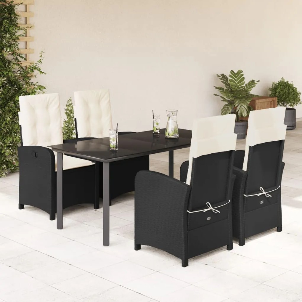 Set da pranzo da giardino 5 pz nero con cuscini in polyrattan