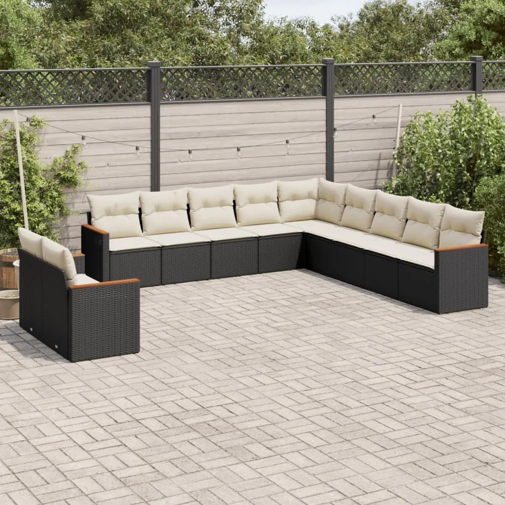 Set divani da giardino 11 pz con cuscini in polyrattan nero