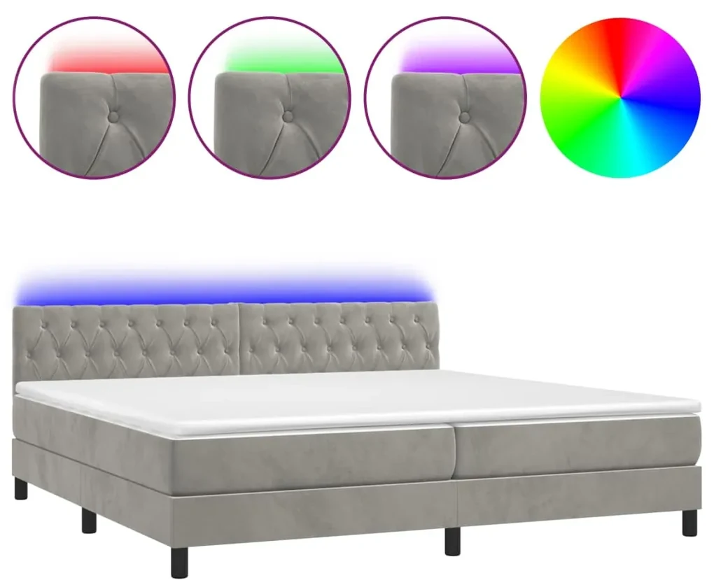 Letto a molle materasso e led grigio chiaro 200x200 cm velluto