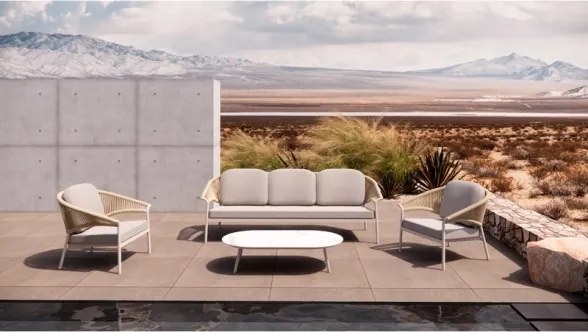 Salotto Da Esterno 5 Posti In Alluminio E Corda Con Tavolino Celia Avorio