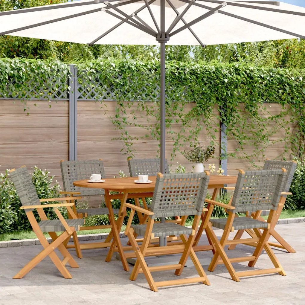 Sedie giardino pieghevoli 6pz grigie polyrattan legno massello