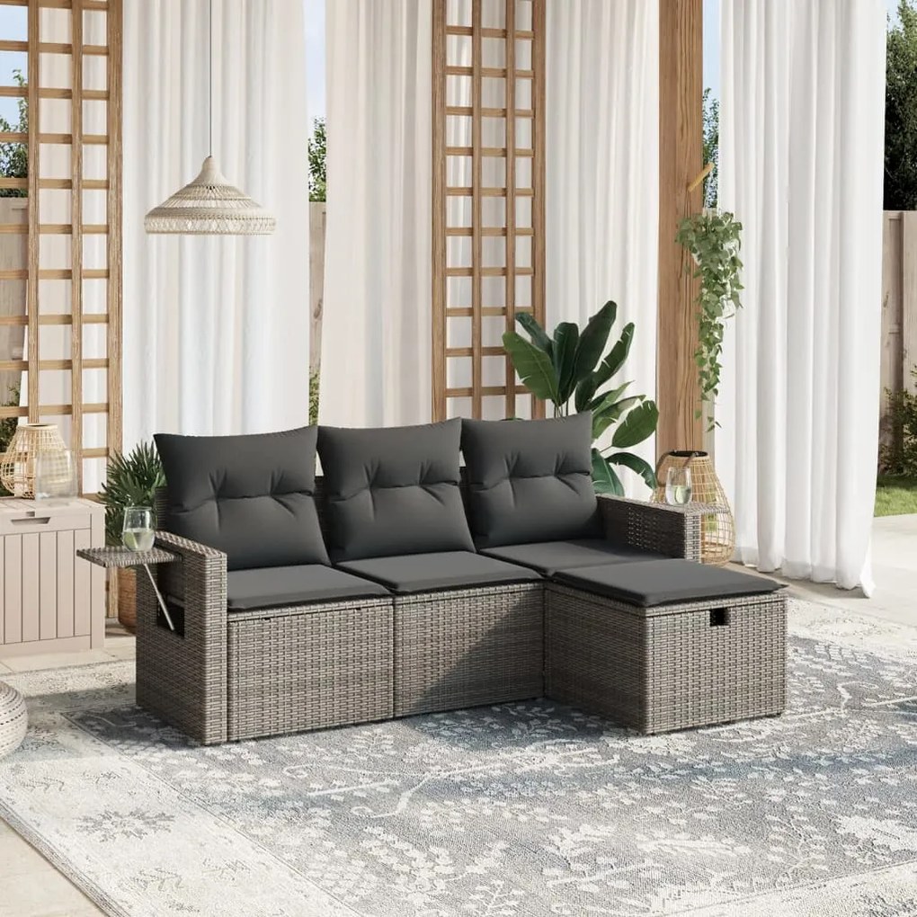 Set Divani da Giardino 4 pz con Cuscini in Polyrattan Grigio