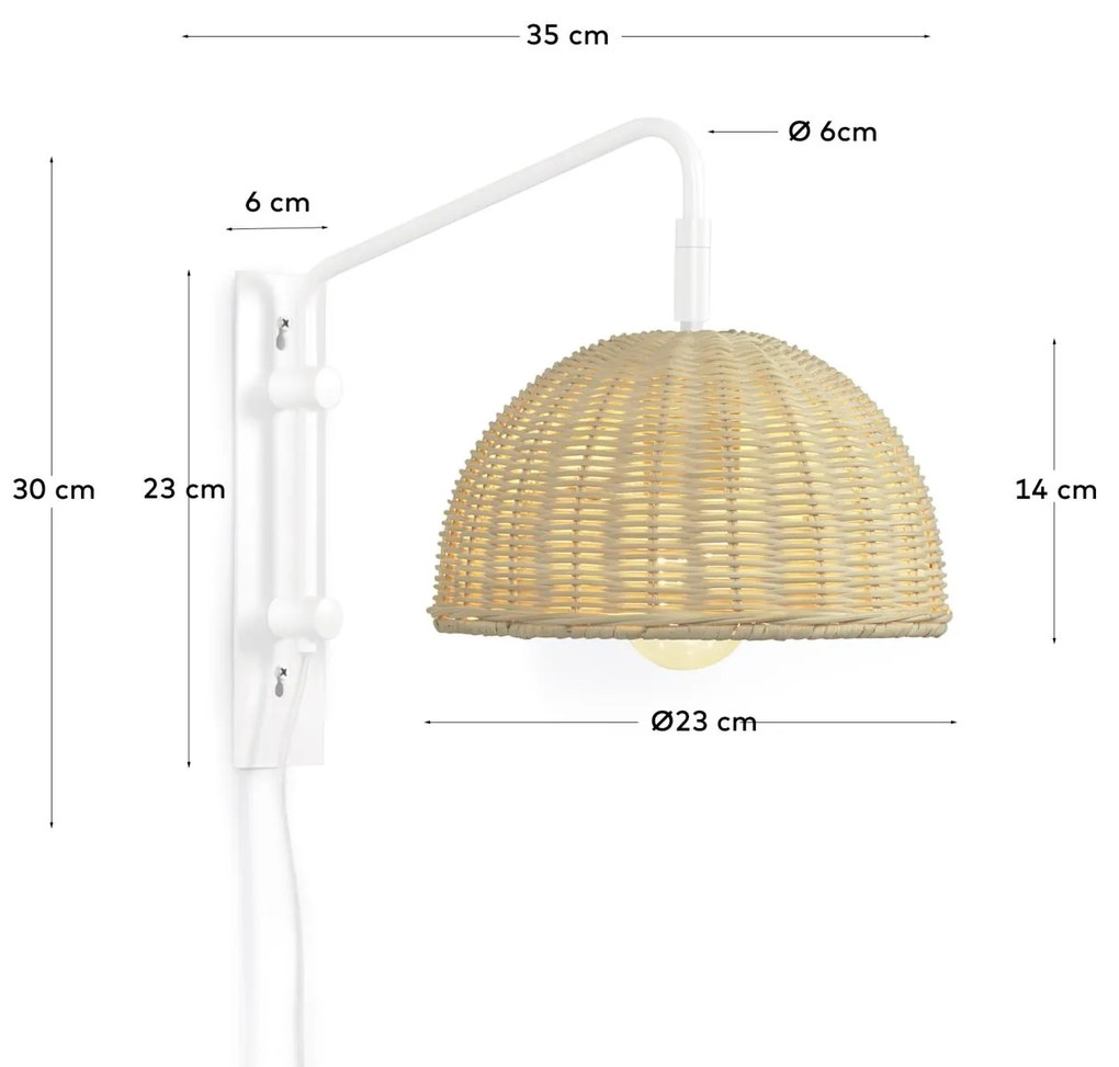 Kave Home - Applique Damila in metallo con finitura bianca e rattan con finitura naturale