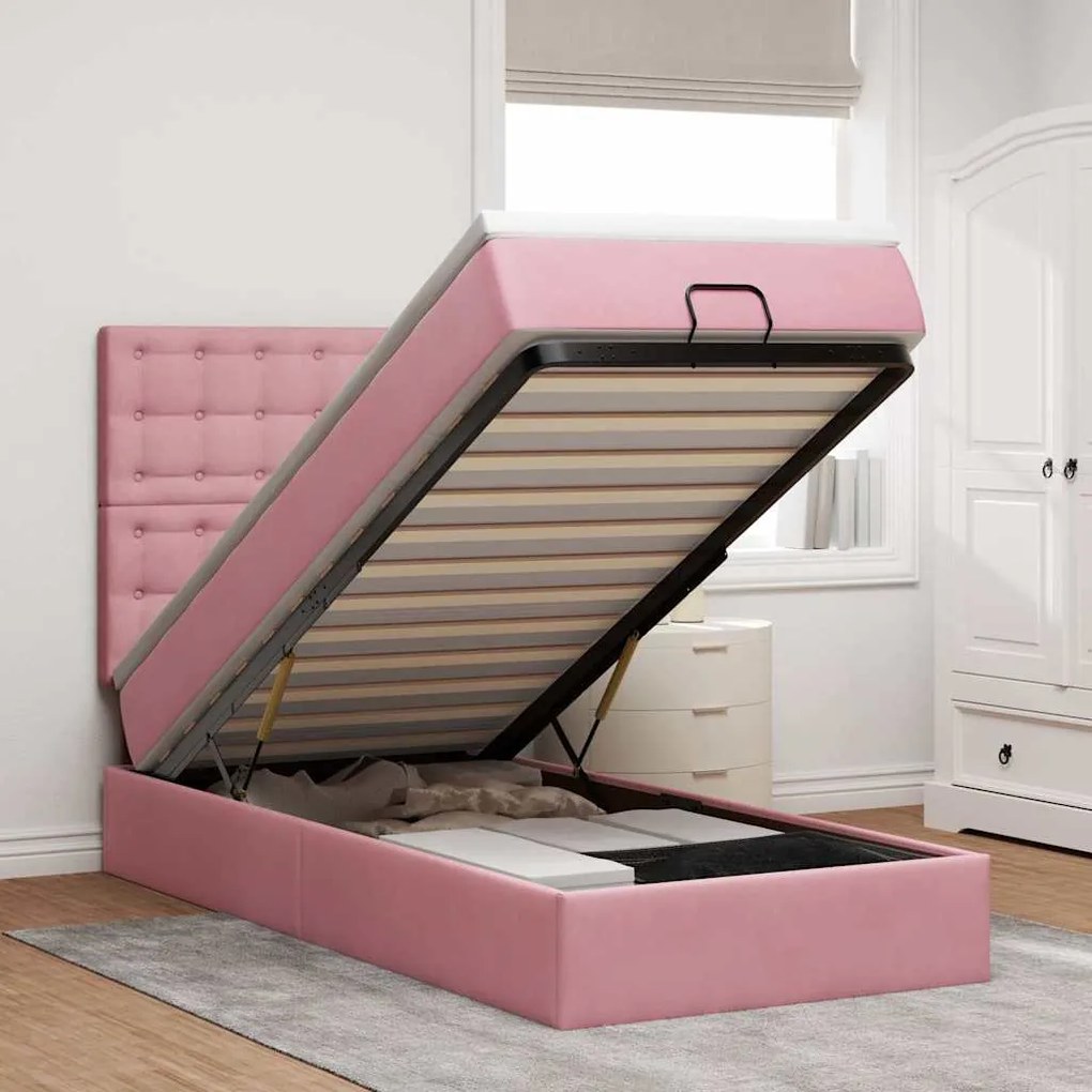 Struttura Letto Pouf Con Materassi Rosa 90x190 Cm İn Velluto /