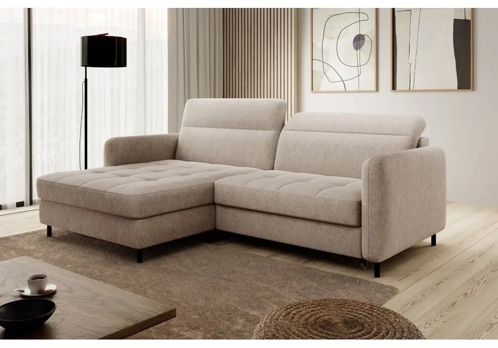Divano angolare beige allungabile/con contenitore (con penisola a sinistra/con chaise lounge) e rivestimento in ciniglia Gomsi – ELTAP