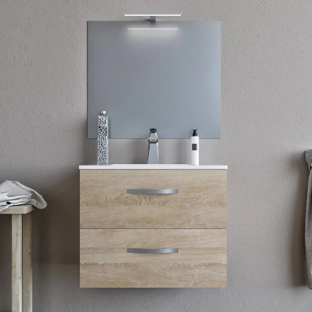 Mobile bagno LINDA60 Rovere chiaro con lavabo e specchio - 8260 - CON LUCE  LED