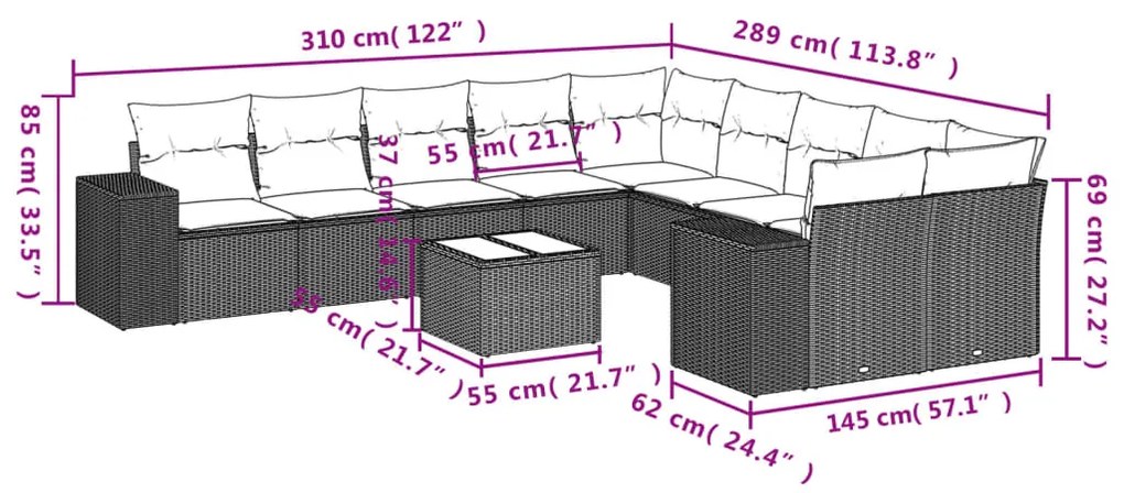 Set Divani da Giardino 11 pz con Cuscini in Polyrattan Nero