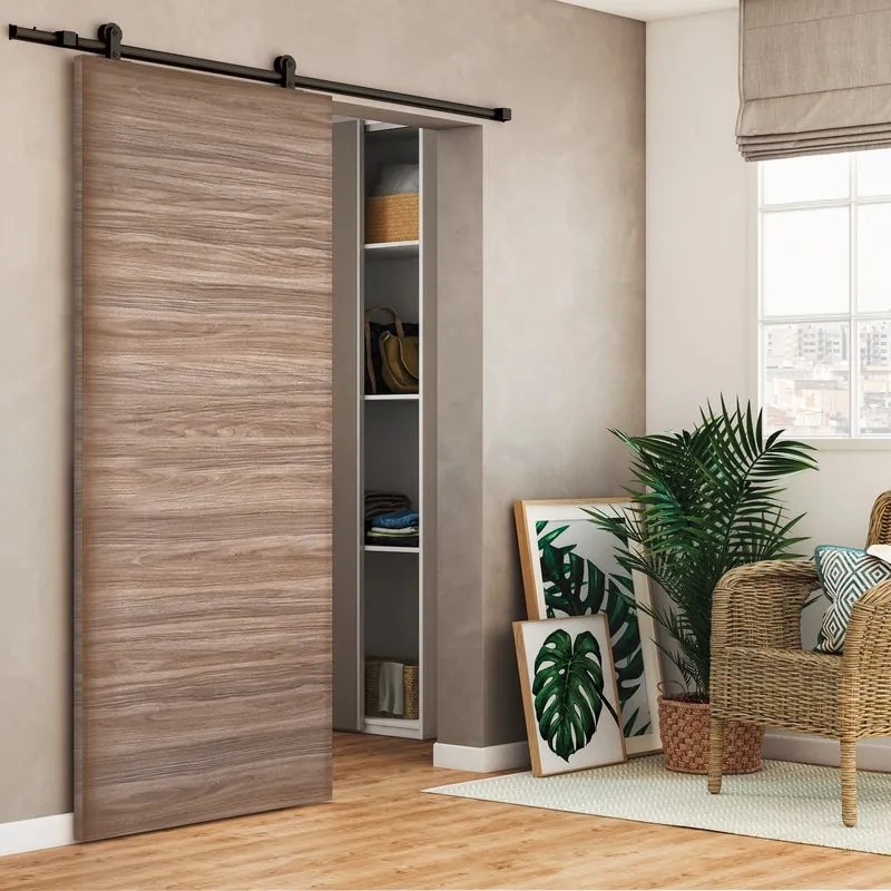 Porta scorrevole reversibile Foret in mdf marrone, L 92.5 x H 211.5 cm, con binario Loft nero