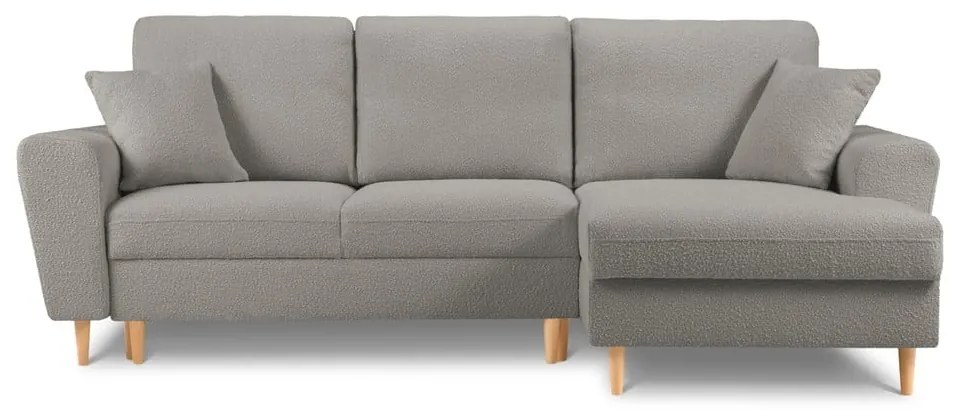 Divano angolare grigio chiaro allungabile e con contenitore (con penisola a destra/con chaise lounge) con rivestimento in bouclé Kyoto – Cosmopolitan Design