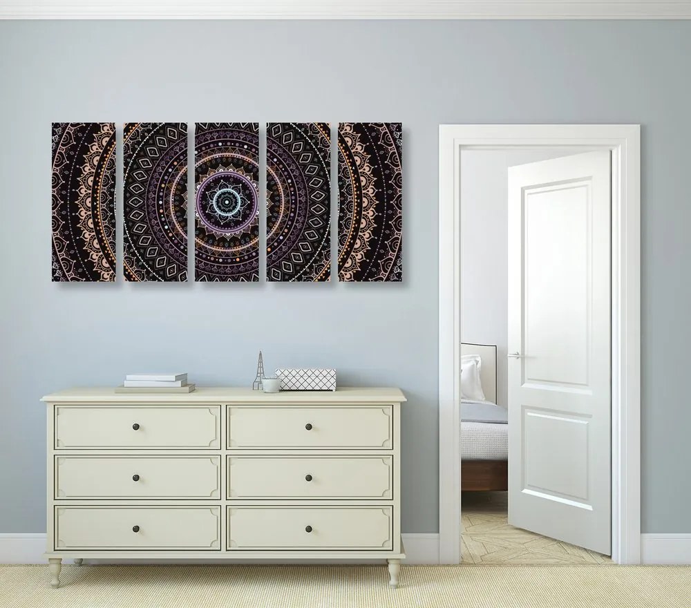 Quadri 5 pezzi – Mandala con motivo del sole in tonalità viola