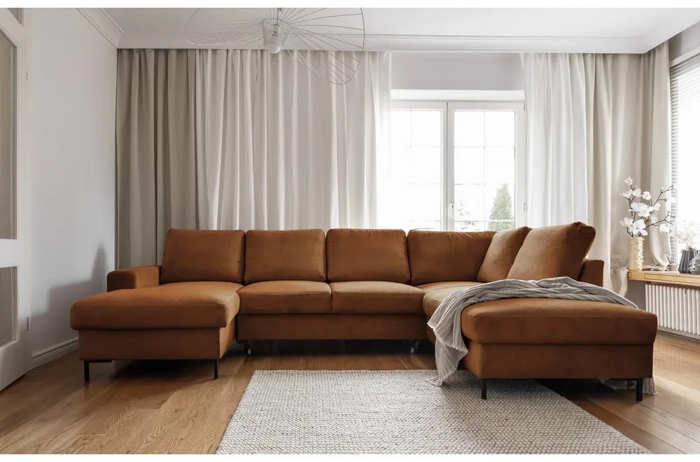 Divano letto in velluto a coste arancio-marrone (angolo destro) Lofty Lilly - Miuform