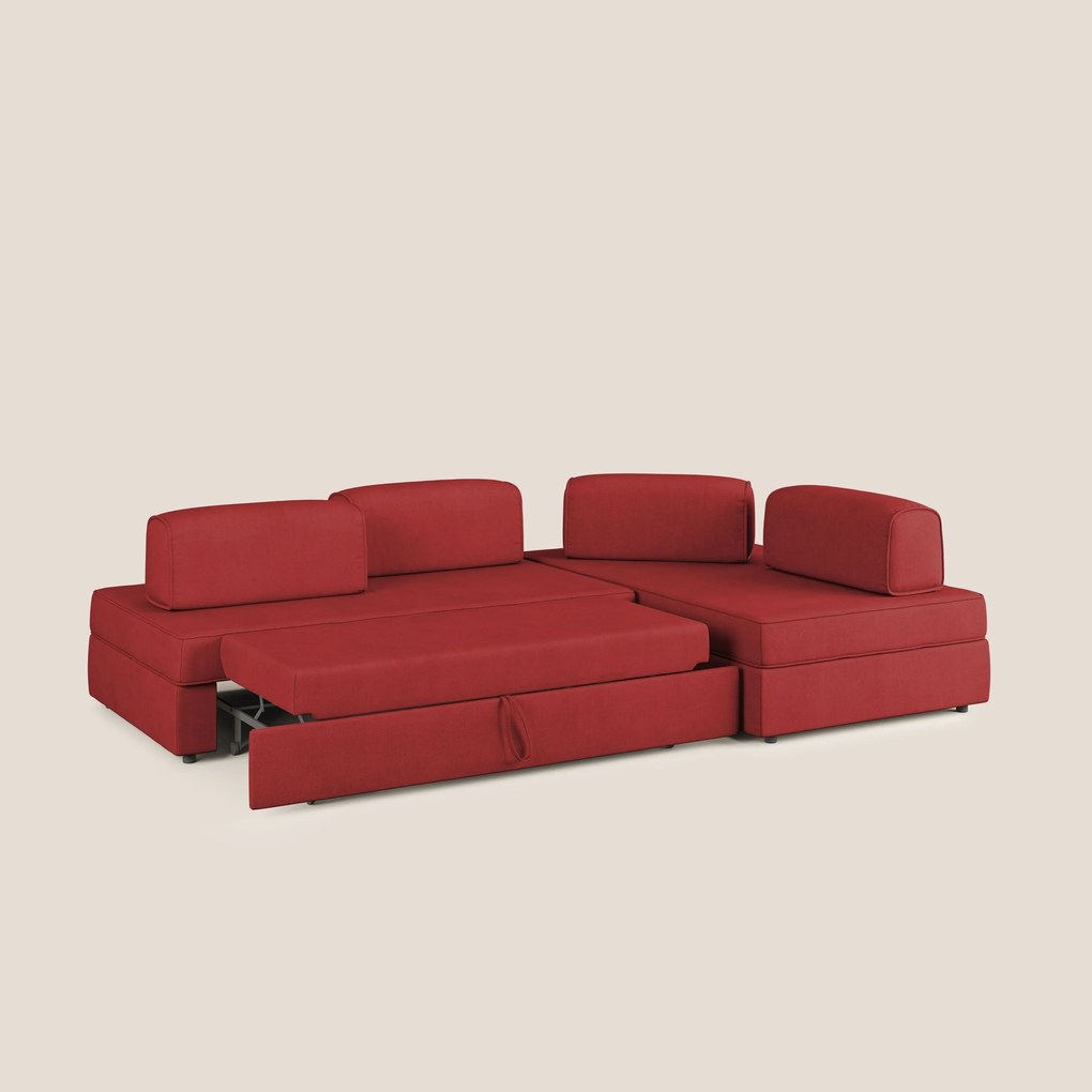 Liberty divano angolare con pouf estraibile e schienali movibili in tessuto morbido impermeabile T02 rosso