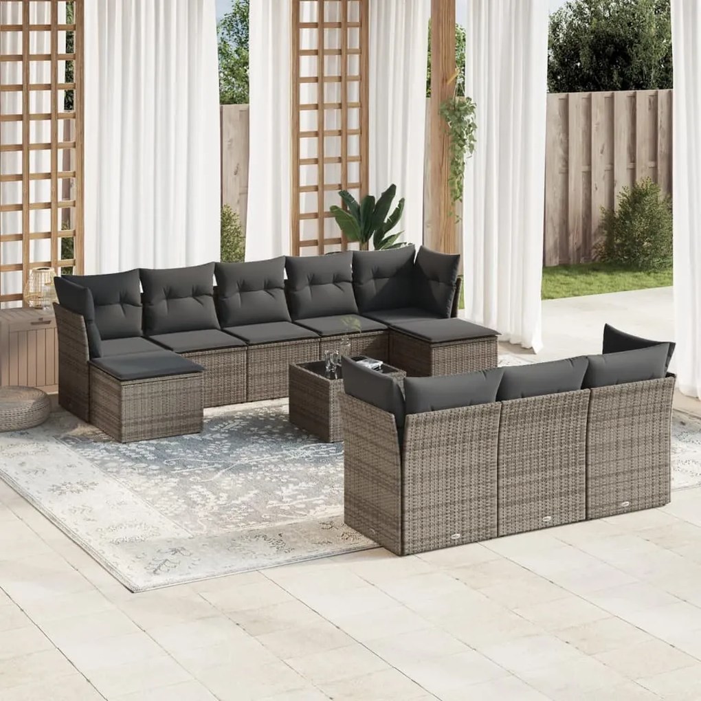 Set divani da giardino 11 pz con cuscini in polyrattan grigio