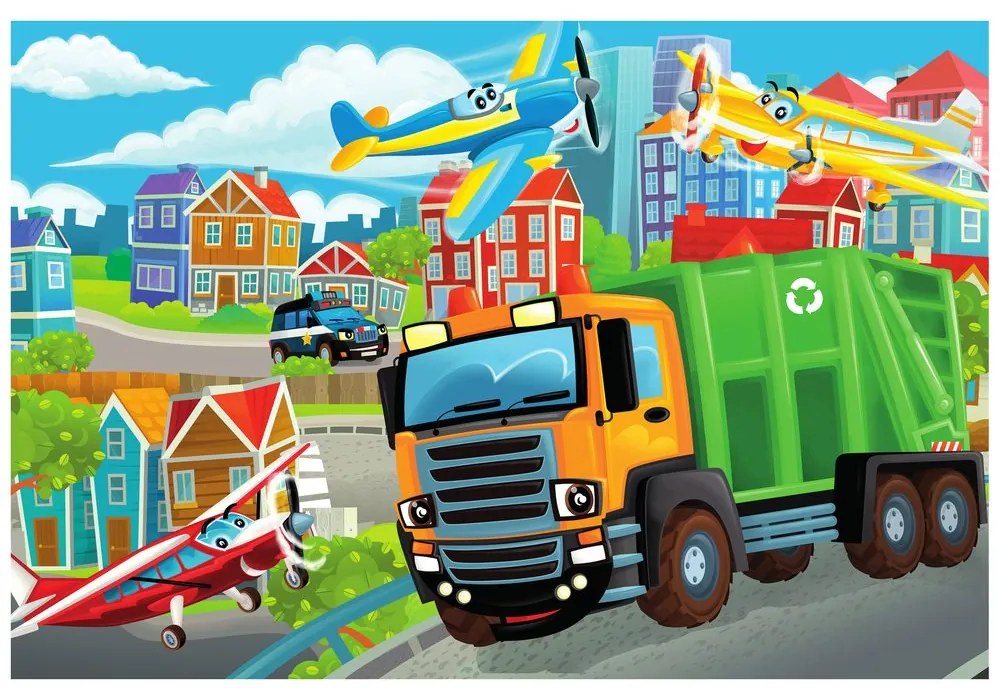 Carta da parati autoadesiva – Camion della spazzatura in città