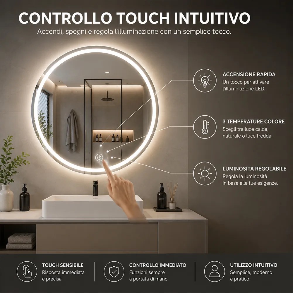 Specchio Rotondo Ø70 cm con LED a 3 Colori Dimmerabile Accensione Touch...