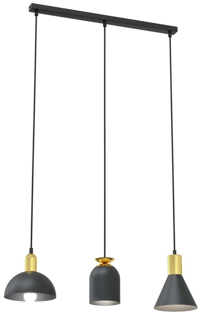 Lampadario 3 Luci Bragi In Acciaio Nero E Paralumi Forme Varie Nero Oro