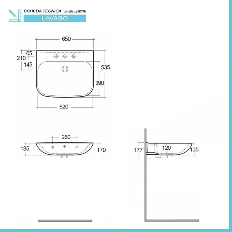 Lavabo sospeso 65 cm in ceramica bianco lucido