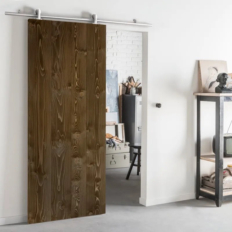 Porta scorrevole reversibile Barn Ebano in acciaio marrone, L 86 x H 220 cm, con binario Ermes