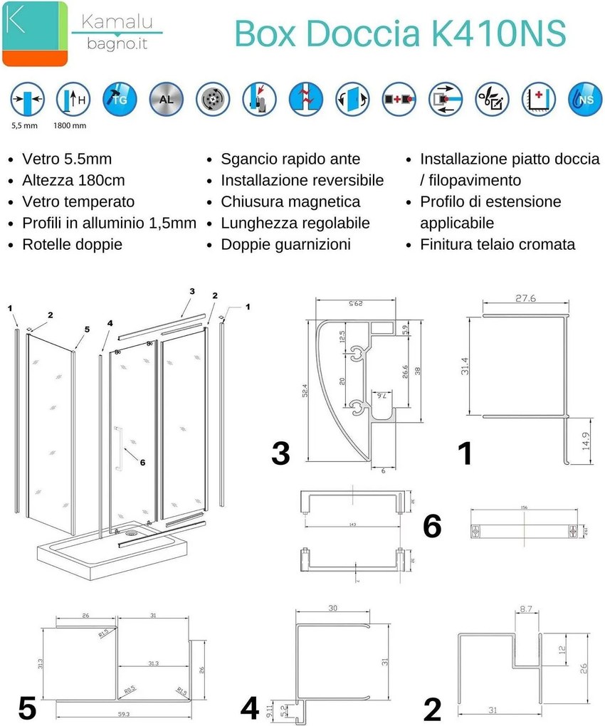 Box doccia 3 lati 70x130x70 vetro serigrafato K410NS - KAMALU