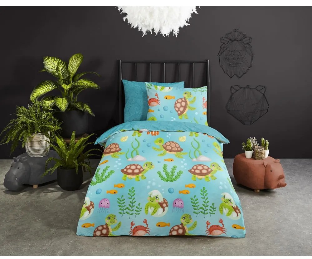 Set copripiumino e federa da bambini blu in cotone per letto singolo ed esteso 140x220 cm Turtles – Good Morning