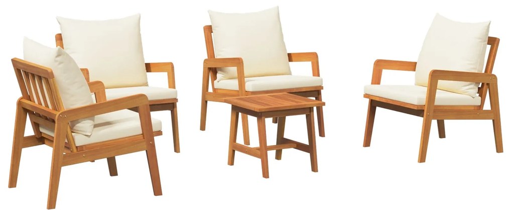 Set bistro da 5 pezzi con cuscini in legno massello di acacia