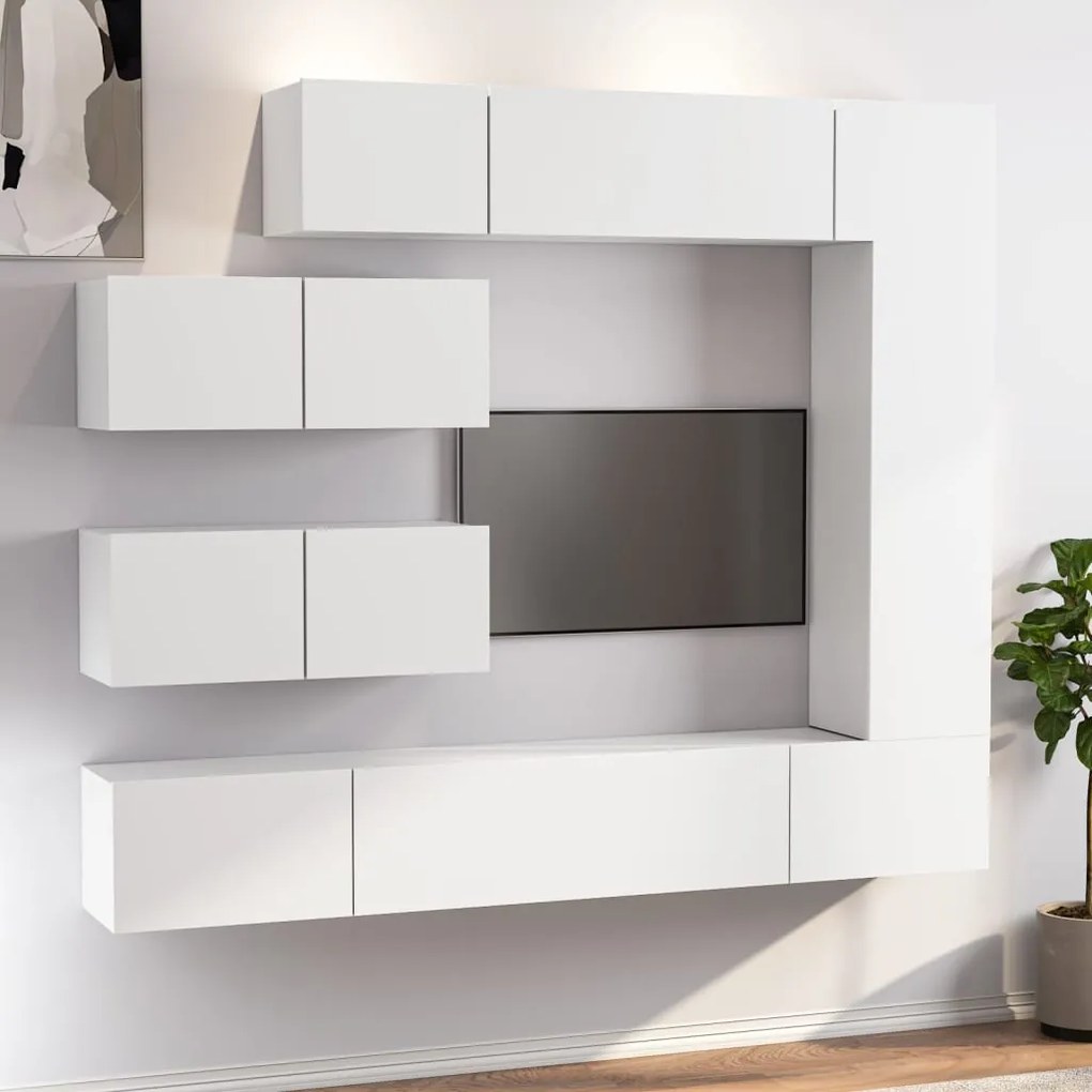 Set Di Mobili Porta Tv 7 Pz Bianco İn Legno Multistrato /