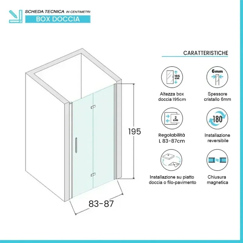 Porta doccia a soffietto per nicchia 85cm in vetro temperato trasparente con profili nero opaco Neos