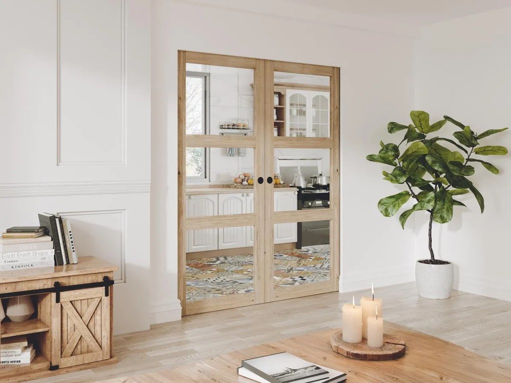 Porta scorrevole doppia con sistema a incasso in legno e vetro temperato 3 finestre 2xH205xL83cm  - ACOSTA II