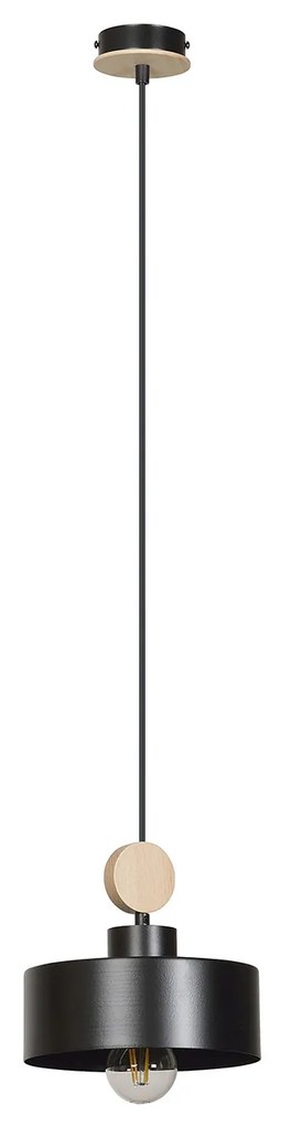 Sospensione 1 Luce Zhurong In Acciaio Nero E Legno Naturale