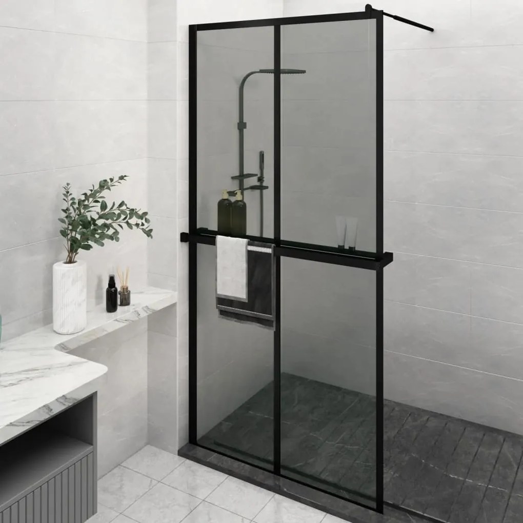Parete Doccia Con Mensola Nera 118x190 Cm Vetro Esg E Alluminio /
